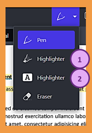 Screenshot of how to access the freehand highlighter or automatic highlighter